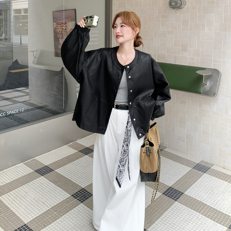时尚气质休闲皮衣女2025秋款黑色立领短款外套宽松百搭显瘦风夹克,女装皮衣,2C182