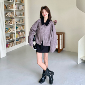 大货 春款 数据好 紫色拼接灯芯绒领子短外套5323P175控288图片