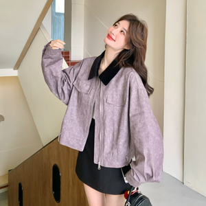 大货 春款 数据好 紫色拼接灯芯绒领子短外套5323P175控288图片