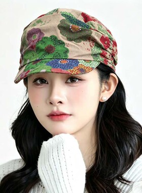 复古花褶皱平顶布鸭舌帽女防晒