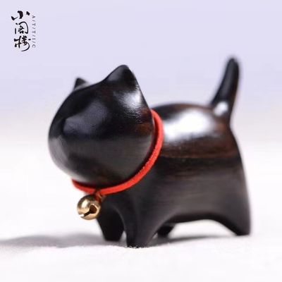 小猫黑猫檀木把摆件可爱玩小DZC手工桌面系创手意礼物把件木雕刻