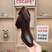 复古粗跟高跟圆尖头短靴大码 法式 百搭舒适厚底真皮靴子 新款 秋冬季