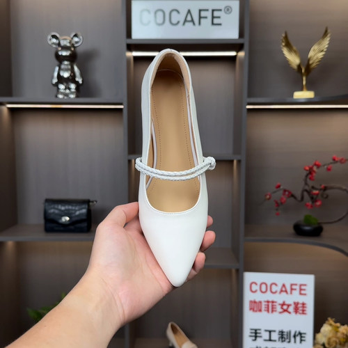 cocafe优雅法式编织一字带尖头玛丽珍浅口单鞋简约复古通勤软皮鞋