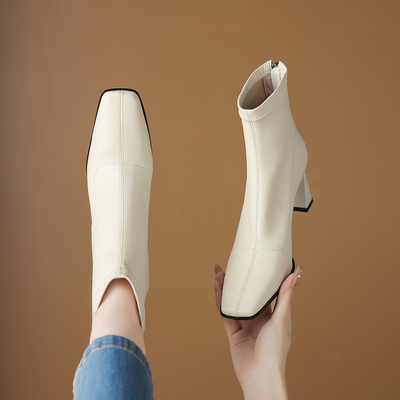 秋冬季后拉链短靴粗跟超舒服6.5cm增高高跟靴气质百搭时装瘦瘦靴