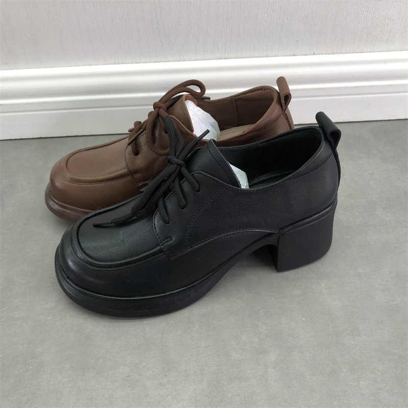 品牌撤柜清仓处理2023秋款女鞋圆头高跟牛皮深口系带英伦风女单鞋
