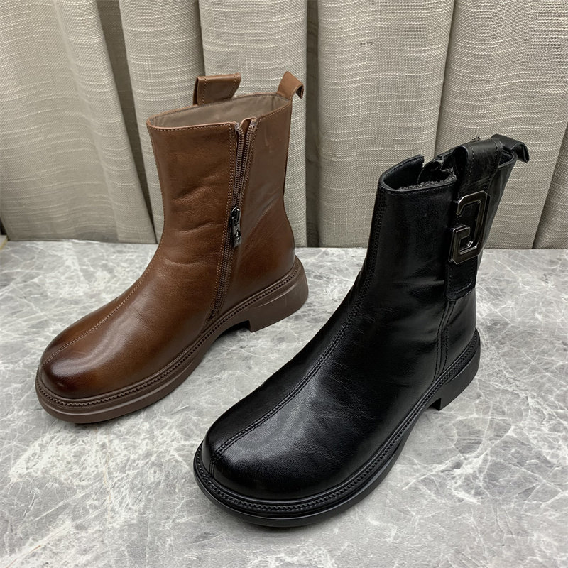 工厂直销2025冬款女鞋圆头粗跟韩版洋气加绒短靴女鞋防滑羊皮女靴,女鞋,切尔西靴,淘宝优惠券,粉丝福利购,淘宝优惠卷