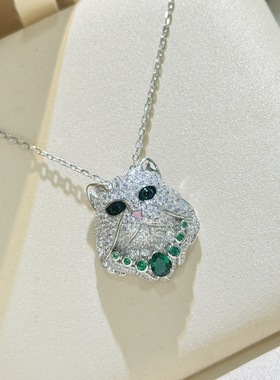 925银祖母绿波斯猫项链