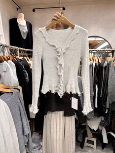 减龄甜美v领上衣 设计感花边温柔长袖 针织衣2025秋季 新款 简约修身