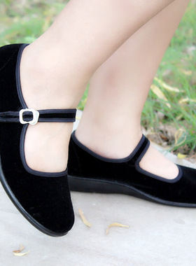 老北京黑色布鞋女工作鞋平跟一带妈妈鞋大码女鞋软底34-41424344