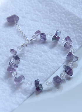 天然白水晶手链925银粉黄水晶海蓝宝学生紫萤石首饰小红书同款