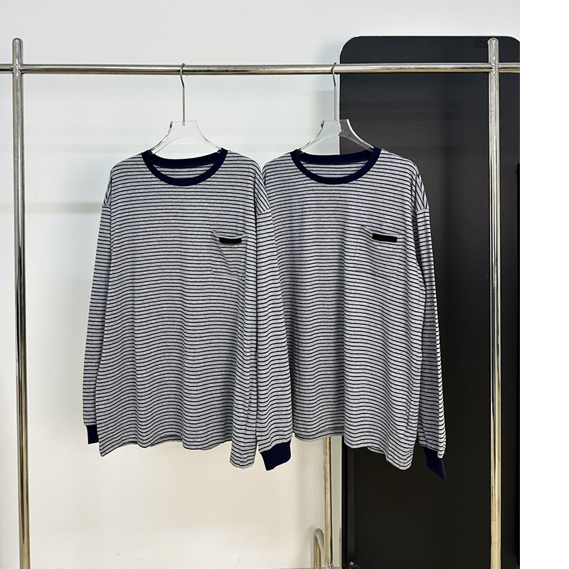 复古圆领条纹长袖T恤女