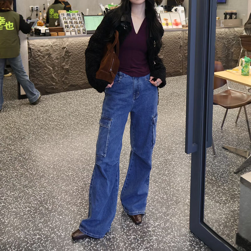 工装多口袋阔腿牛仔裤女春季新款高腰显瘦直筒袁姗姗同款拖地长裤