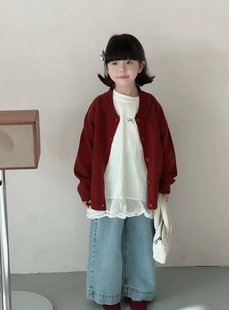 110-150春款毛衣外套男童女童宽松韩版针织衫开衫毛线衣复古红色