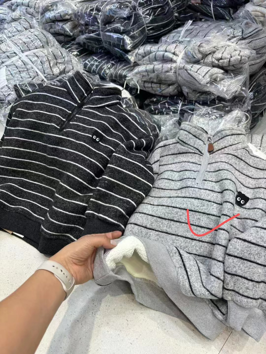 110-160加厚条纹卫衣半拉链羊驼绒一体绒纯棉男童女童韩版套头