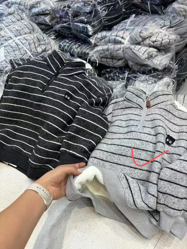 110-160加厚条纹卫衣半拉链羊驼绒一体绒纯棉男童女童韩版套头