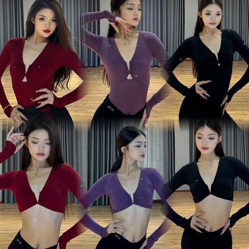 Alei舞服深V长袖上衣秋冬拉丁练功服女士成人