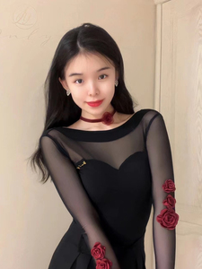 On舞服玫瑰花网纱拼接上衣美背练功服国标舞摩登舞服拉丁服女士