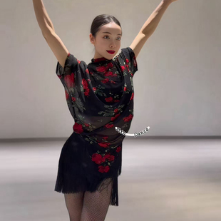 Min舞服Loyal玫瑰罩衫小高领不规则下摆上衣夏季教师拉丁国标