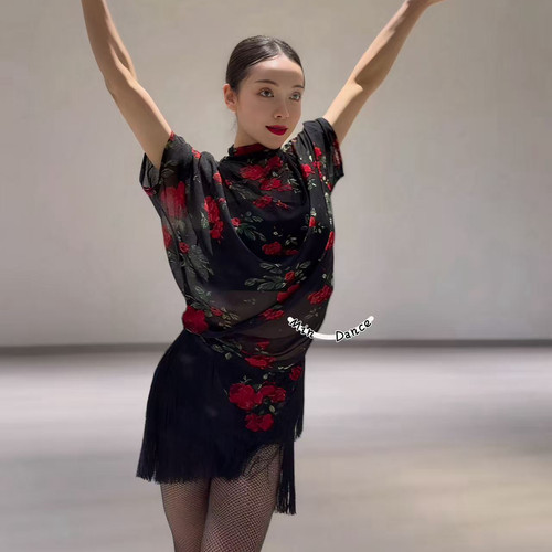 Min舞服Loyal玫瑰罩衫小高领不规则下摆上衣夏季教师拉丁国标