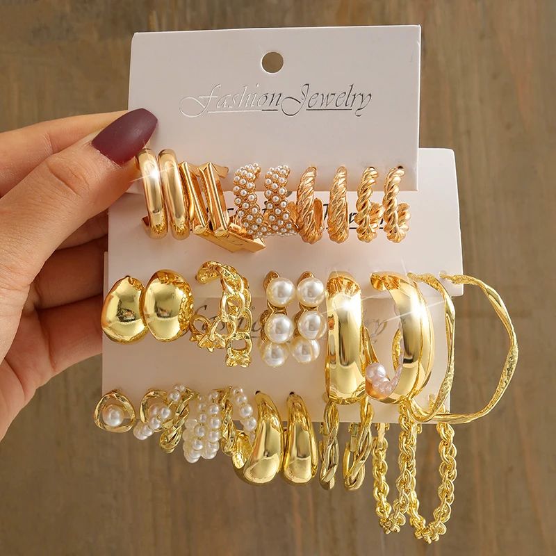 Gold Color Vintage Geometry Pearl Earrings Set Metal Twine S