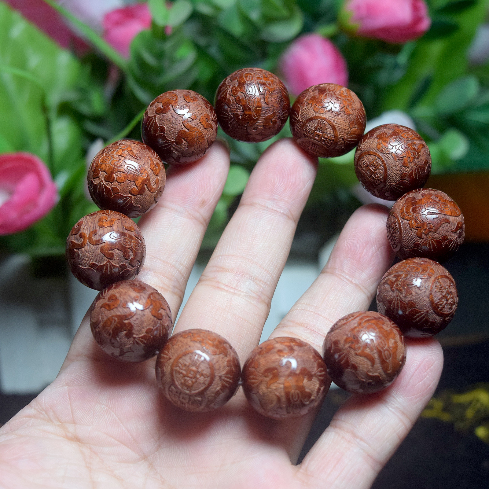 招财进宝貔貅雕刻血檀佛珠手串20