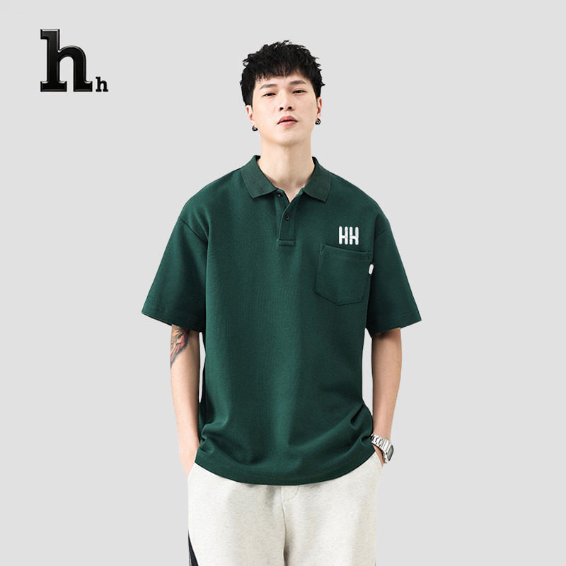 正品HH夏季polo衫短袖男潮流衬衫翻领T恤美式复古五分袖上衣