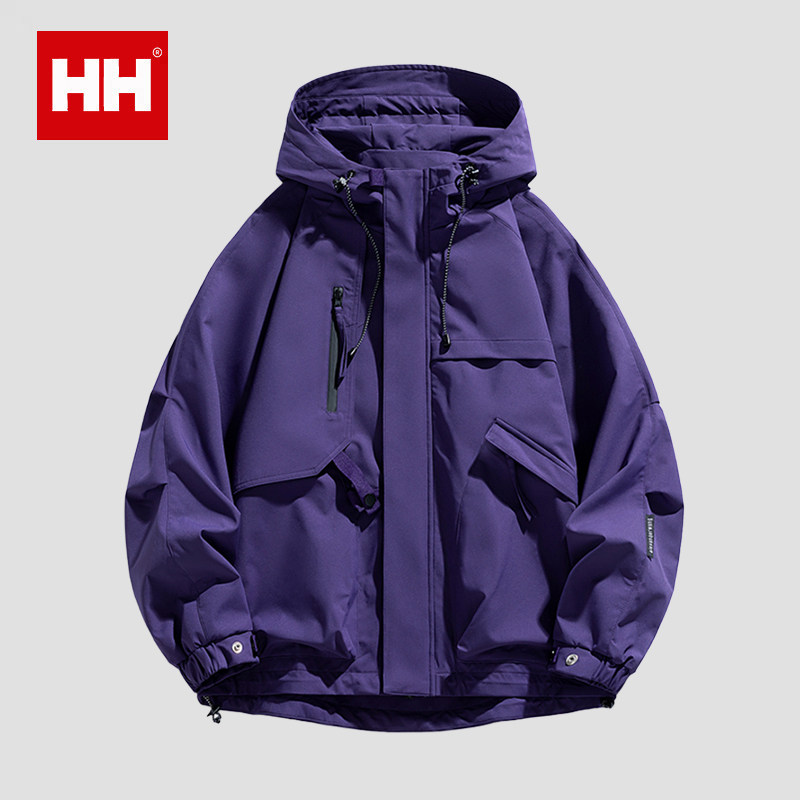 正品HH紫色冲锋衣男女春秋季潮牌户外工装登山服连帽夹克外套