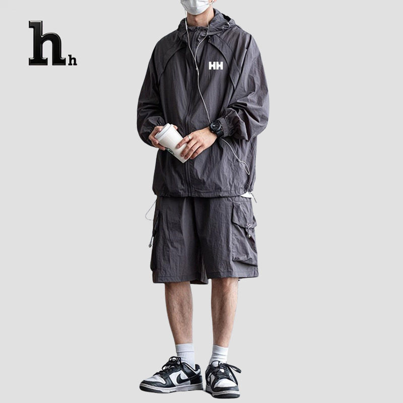 正品HH夏季防晒衣套装男士套头连帽夹克防紫外线薄款五分短裤