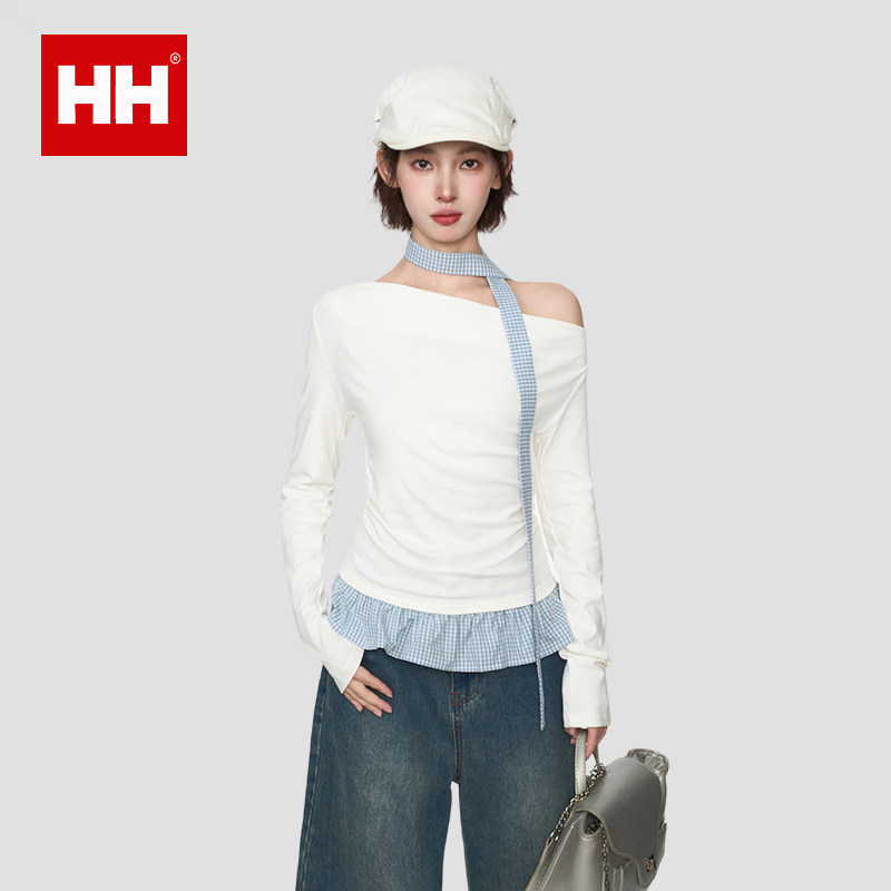 官方正品HH斜肩露肩长袖t恤女秋季修身打底不规则假两件挂脖上衣