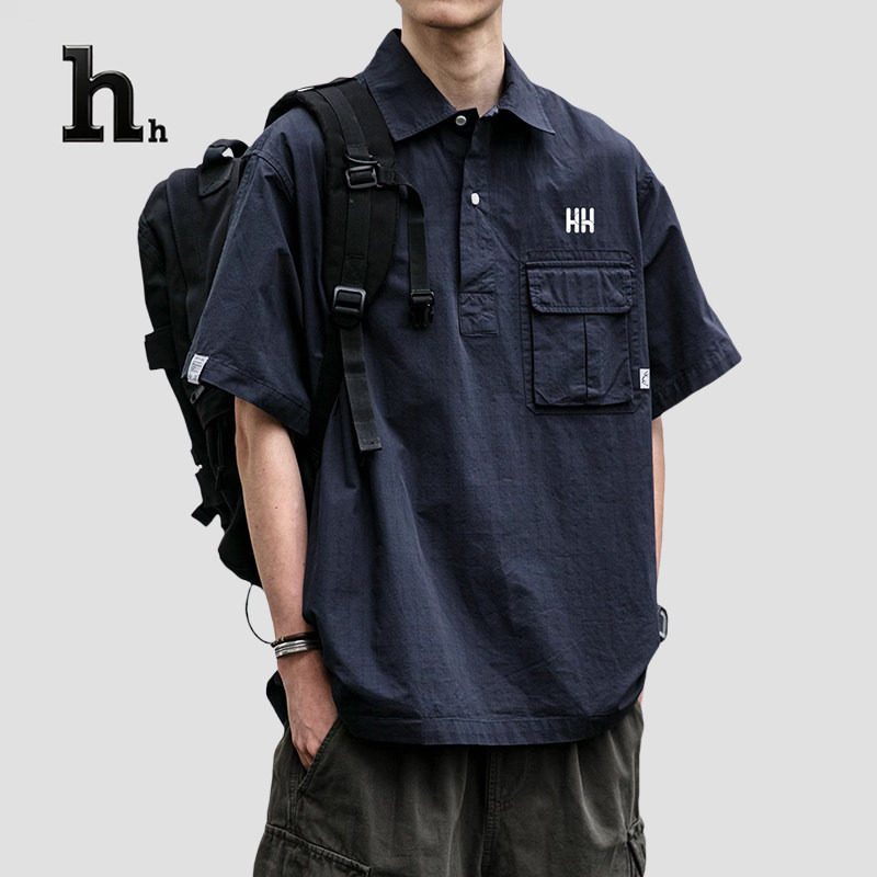 正品HH日系复古工装套头短袖衬衫男夏季户外宽松休闲衬衣外套