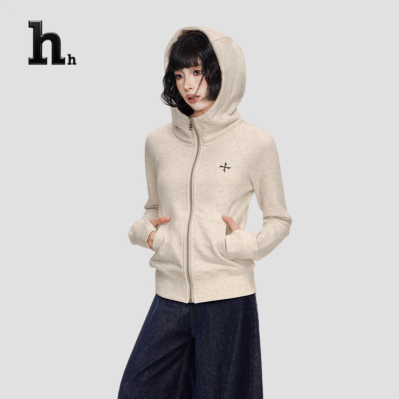 正品HH灰色拉链连帽卫衣外套女秋冬修身短款正肩加厚加绒开衫