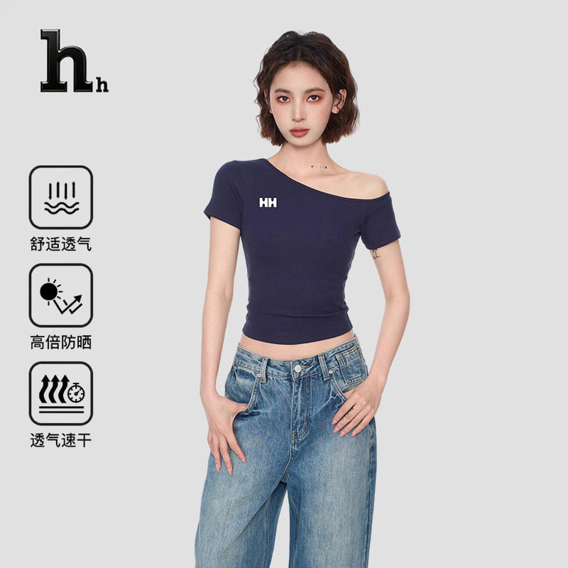 正品HH藏青色斜肩短袖t恤女夏季设计感修身露肩短款上衣