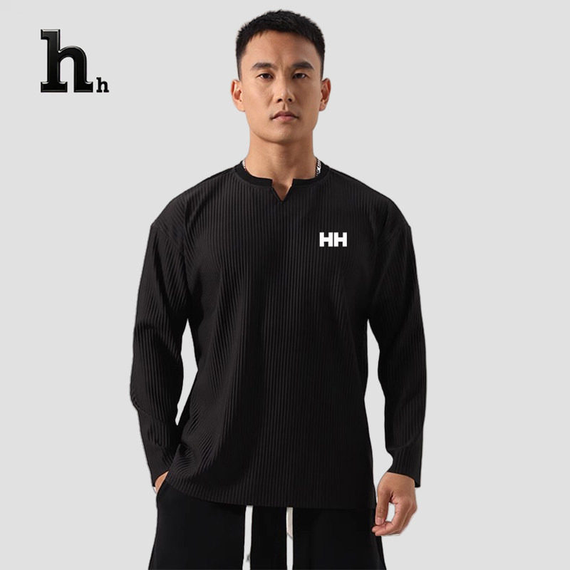 正品HH条纹V领长袖T恤男速干运动打底衫简约圆领健身训练上衣