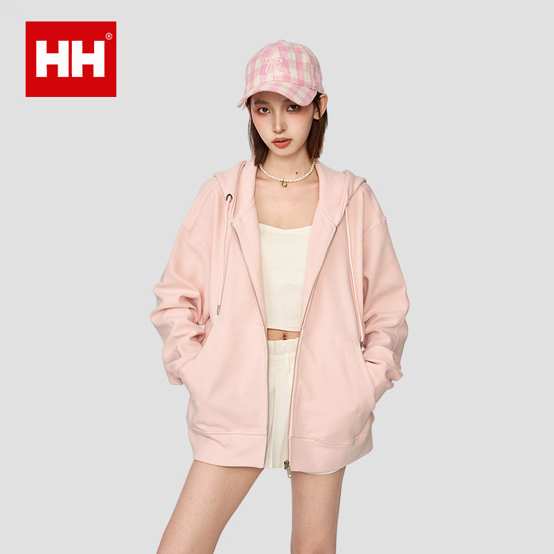 官方正品HH美式粉色拉链连帽卫衣女秋冬早秋宽松外搭开衫外套上衣