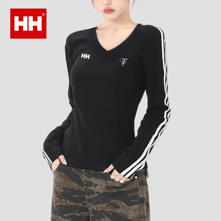官方正品HH黑色V领长袖T恤女春夏内搭打底衫短款修身正肩辣妹上衣