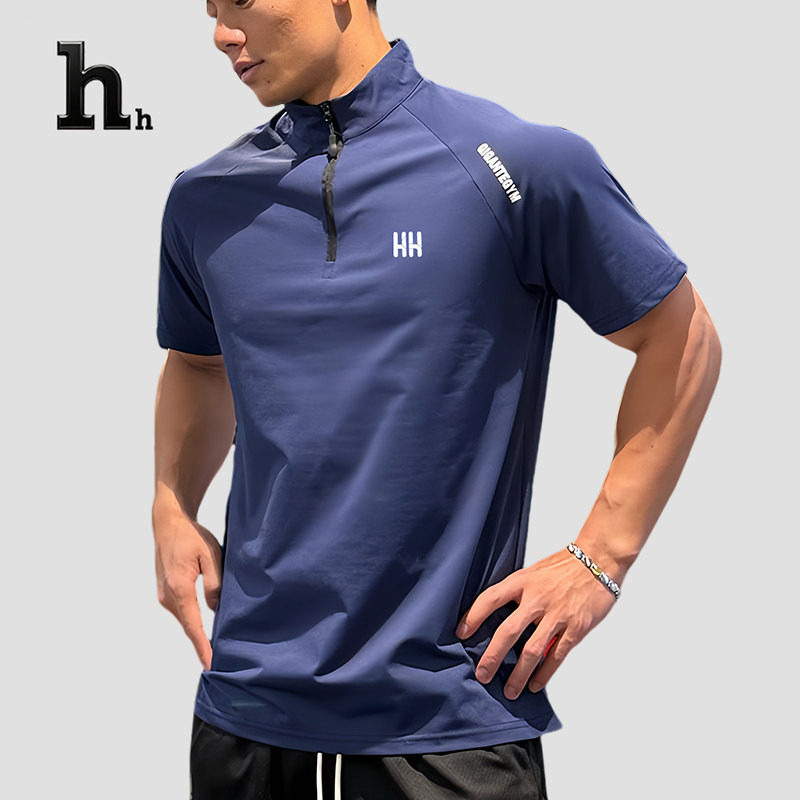 正品HH健身短袖男夏季宽松运动t恤跑步骑行美式半拉链训练服