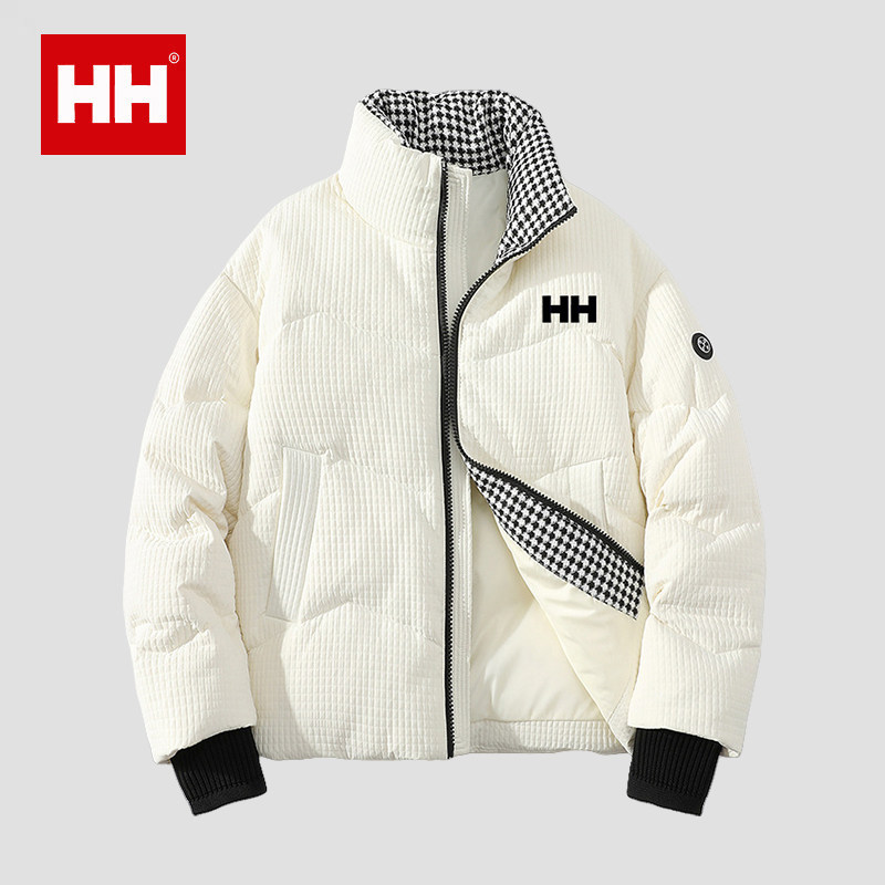 正品HH格子高克重羽绒服男士冬季宽松加厚保暖外套白鸭绒棉服