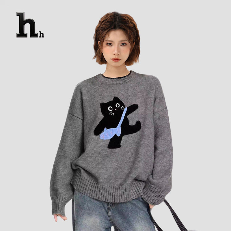 正品HH猫咪套头针织毛衣女深秋冬季外穿加厚宽松内搭打底上衣