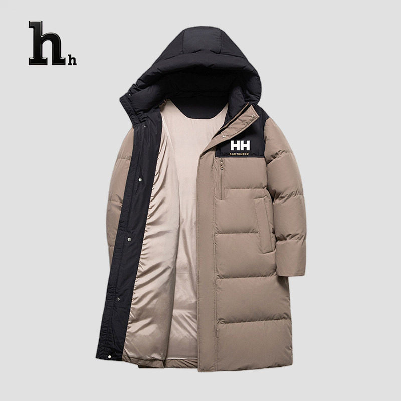 正品HH羽绒服男女款冬季连帽撞色过膝修身时尚中长款保暖外套