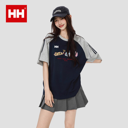 正品HH藏蓝色正肩短袖t恤女夏韩系慵懒插肩圆领宽松半袖上衣