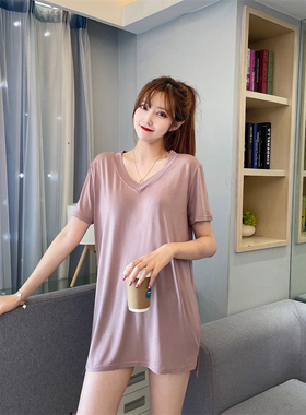 新款宽松V领短袖莫代尔长款T恤休闲青春女装大码上衣潮内搭打底衫