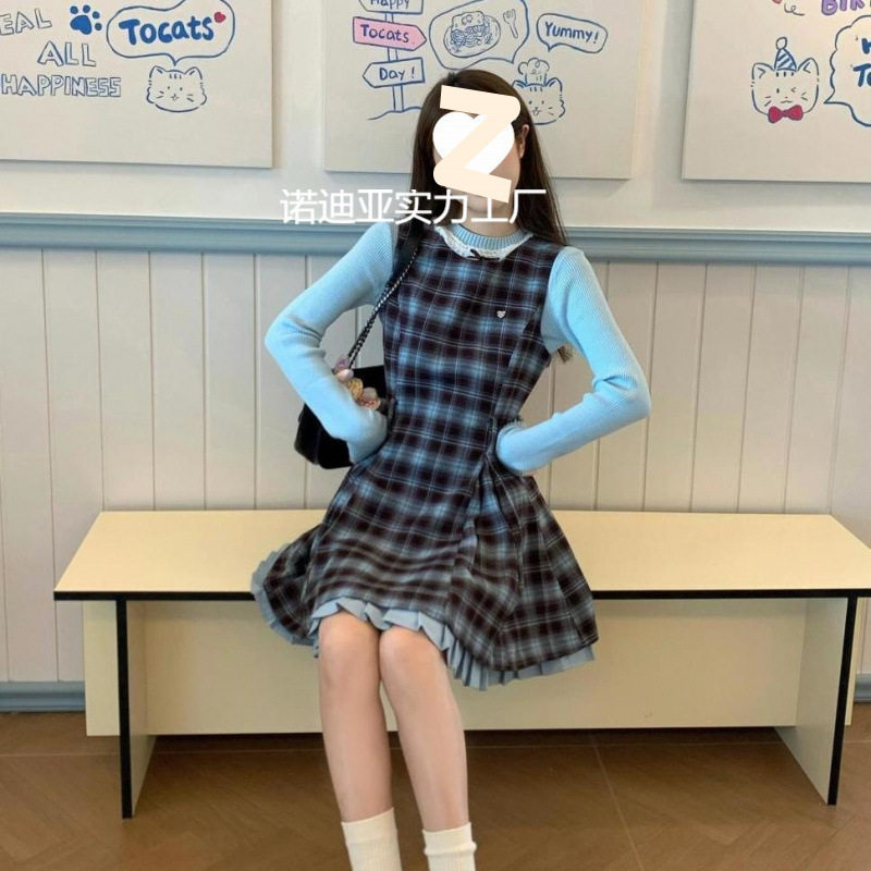 两件/套装学院风甜美复古格纹收腰背带连衣裙女+早秋针织长袖上衣