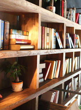 老榆木书架定制满墙全实木落地吊柜置物收纳架靠墙格子架拐角榫卯