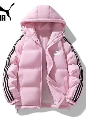 棉服女冬季新款三条杠连帽加厚保暖棉衣外套情侣款棉袄女