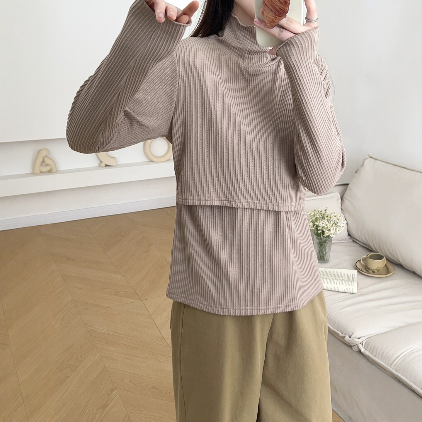 秋冬高领哺乳打底衫喂奶衣外出长袖T恤上衣产后母乳期睡衣月子服