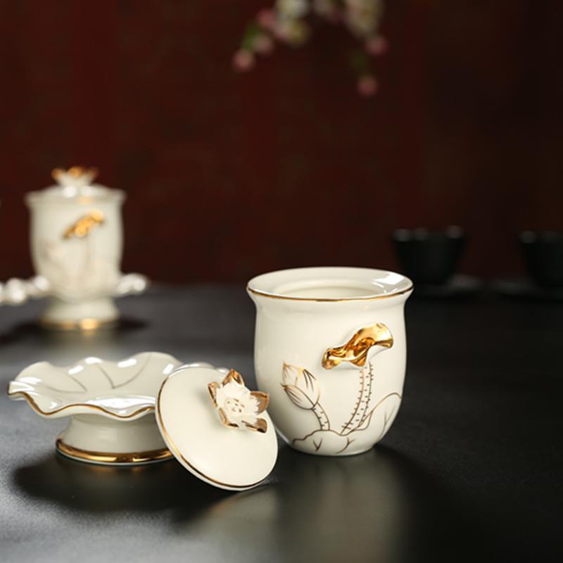 佛具无字供佛套装供具 菩萨浮雕描金香炉 供水杯供花瓶白莲花供佛