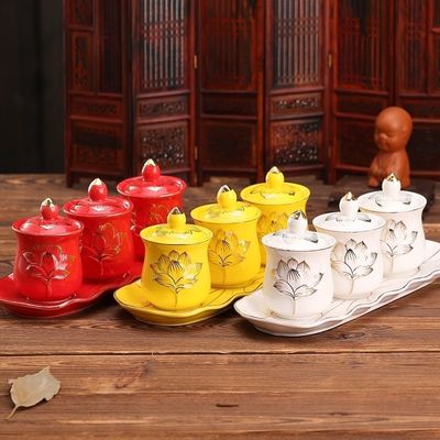 家用带盖圣水杯陶瓷白色莲花供水专用杯佛堂供杯贡品茶杯一整套