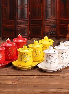 仙用水杯陶瓷套装白色莲花供水杯大悲水观音菩萨水杯净水杯