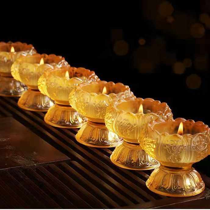 七彩琉璃酥油灯座烛台家用供灯佛前圣莲水晶琉璃莲花长明灯座