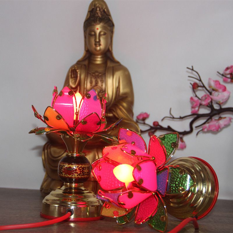 LED莲花灯供佛灯 家用观音荷花长明灯插电款室内佛前供奉用品
